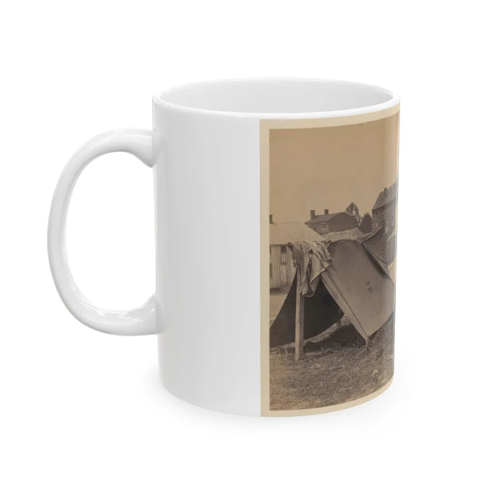 Two Small Tents, With Wood Frame Buildings In The Background (U.S. Civil War) White Coffee Mug-Go Mug Yourself