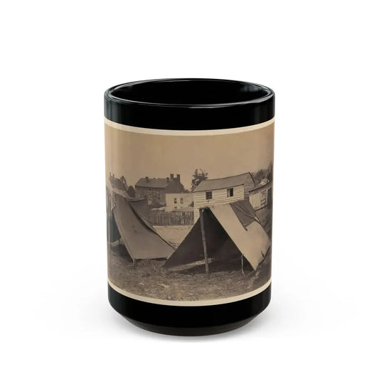 Two Small Tents, With Wood Frame Buildings In The Background (U.S. Civil War) Black Coffee Mug 15oz - Go Mug Yourself