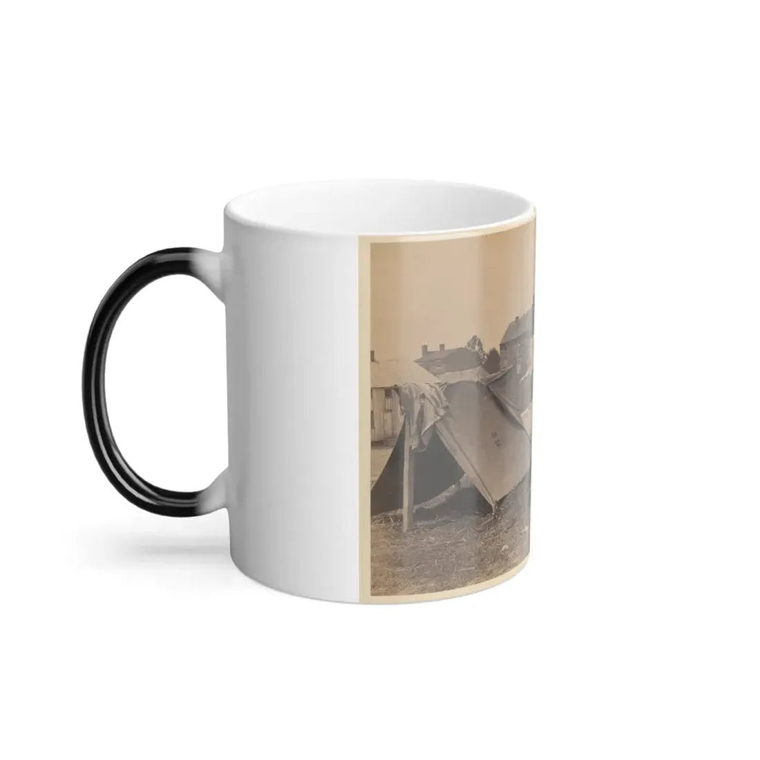 Two Small Tents, With Wood Frame Buildings in the Background (U.S. Civil War) Color Changing Coffee Mug 11oz - Go Mug Yourself