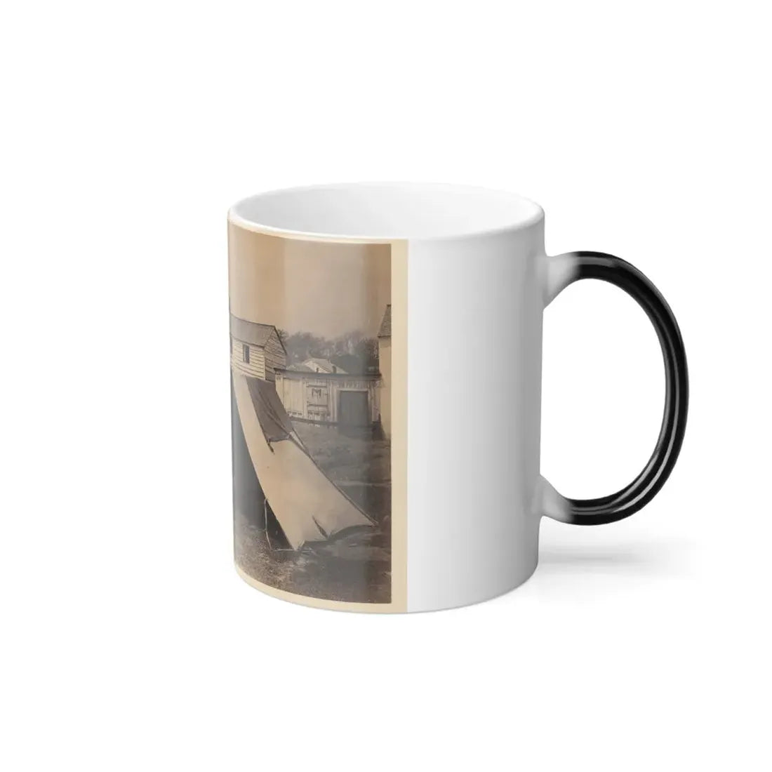 Two Small Tents, With Wood Frame Buildings in the Background (U.S. Civil War) Color Changing Coffee Mug 11oz - Go Mug Yourself
