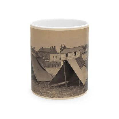 Two Small Tents, With Wood Frame Buildings In The Background (U.S. Civil War) White Coffee Mug 11oz - Go Mug Yourself