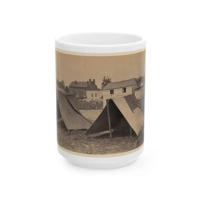 Two Small Tents, With Wood Frame Buildings In The Background (U.S. Civil War) White Coffee Mug 15oz - Go Mug Yourself