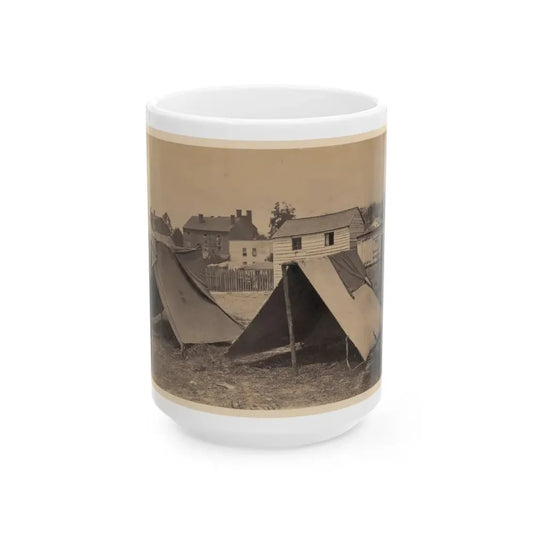 Two Small Tents, With Wood Frame Buildings In The Background (U.S. Civil War) White Coffee Mug 15oz - Go Mug Yourself