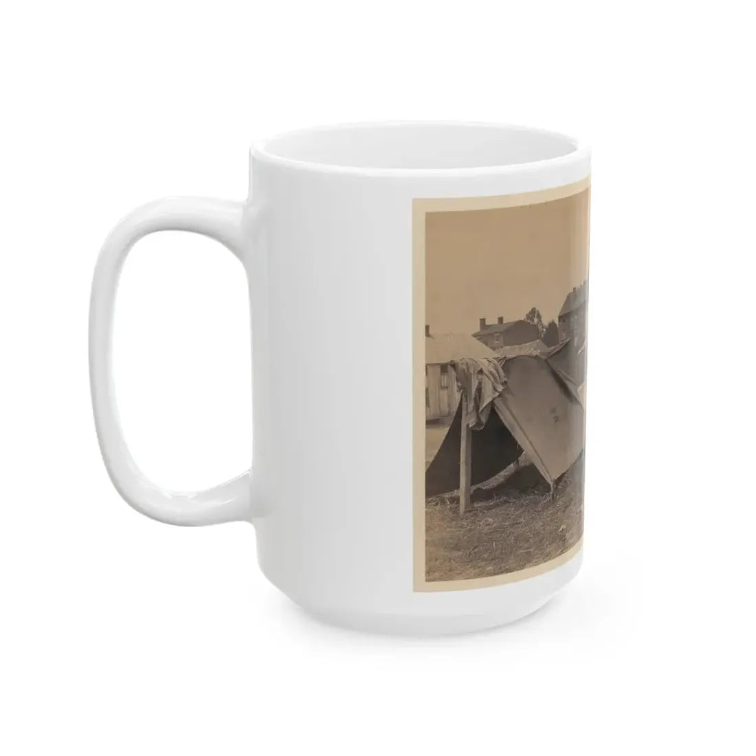 Two Small Tents, With Wood Frame Buildings In The Background (U.S. Civil War) White Coffee Mug - Go Mug Yourself