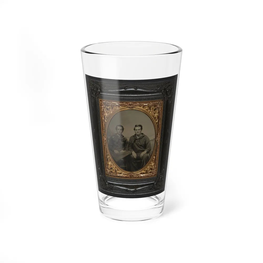 Two Unidentified Sailors In Union Uniforms In Front Of Painted Backdrop Showing Sea With Monitor Class Warship And Another Ship (U.S. Civil War) Pint Glass 16oz-16oz-Go Mug Yourself