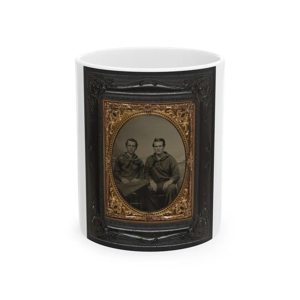 Two Unidentified Sailors In Union Uniforms In Front Of Painted Backdrop Showing Sea With Monitor Class Warship And Another Ship (U.S. Civil War) White Coffee Mug-11oz-Go Mug Yourself