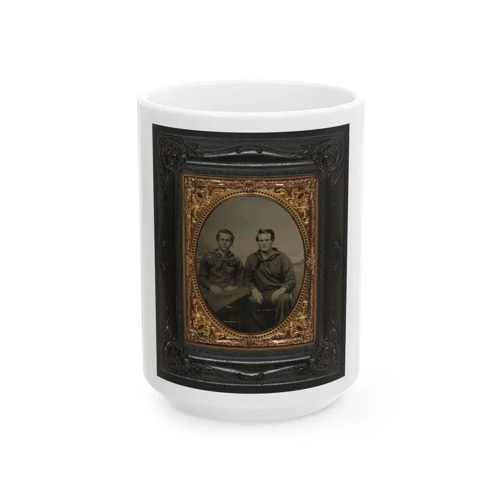 Two Unidentified Sailors In Union Uniforms In Front Of Painted Backdrop Showing Sea With Monitor Class Warship And Another Ship (U.S. Civil War) White Coffee Mug-15oz-Go Mug Yourself