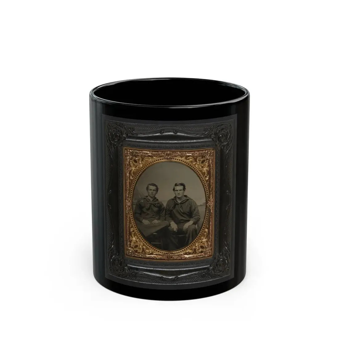 Two Unidentified Sailors In Union Uniforms In Front Of Painted Backdrop Showing Sea With Monitor Class Warship And Another Ship (U.S. Civil War) Black Coffee Mug 11oz - Go Mug Yourself