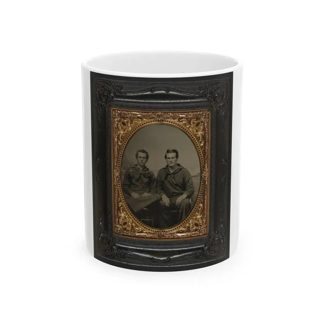 Two Unidentified Sailors In Union Uniforms In Front Of Painted Backdrop Showing Sea With Monitor Class Warship And Another Ship (U.S. Civil War) White Coffee Mug 11oz - Go Mug Yourself