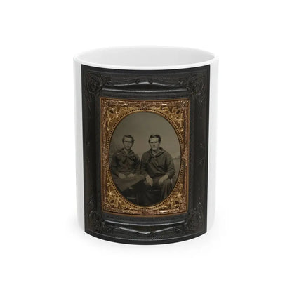 Two Unidentified Sailors In Union Uniforms In Front Of Painted Backdrop Showing Sea With Monitor Class Warship And Another Ship (U.S. Civil War) White Coffee Mug 11oz - Go Mug Yourself
