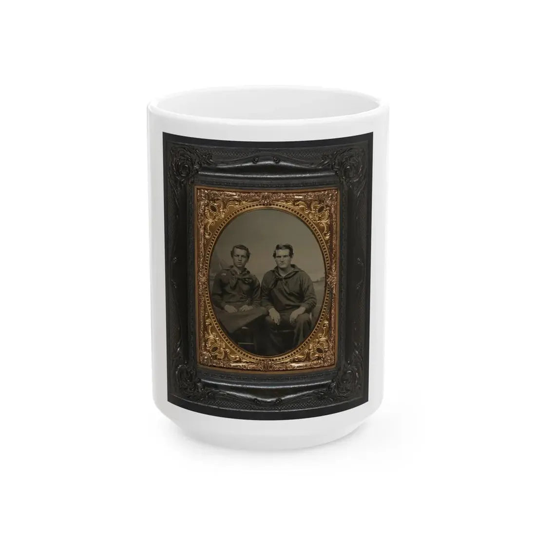Two Unidentified Sailors In Union Uniforms In Front Of Painted Backdrop Showing Sea With Monitor Class Warship And Another Ship (U.S. Civil War) White Coffee Mug 15oz - Go Mug Yourself