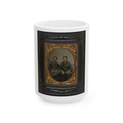 Two Unidentified Sailors In Union Uniforms In Front Of Painted Backdrop Showing Sea With Monitor Class Warship And Another Ship (U.S. Civil War) White Coffee Mug 15oz - Go Mug Yourself