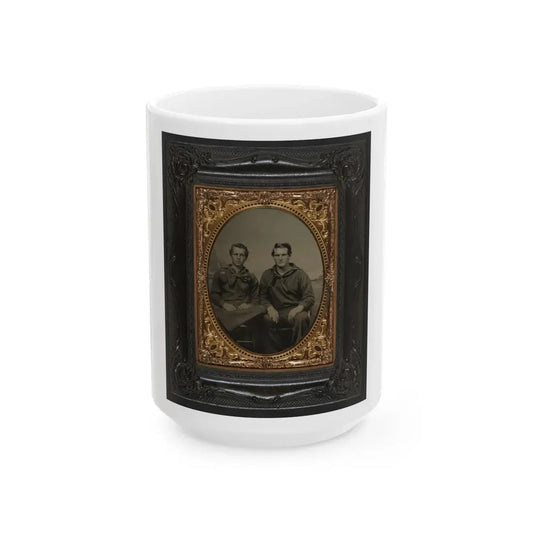 Two Unidentified Sailors In Union Uniforms In Front Of Painted Backdrop Showing Sea With Monitor Class Warship And Another Ship (U.S. Civil War) White Coffee Mug 15oz - Go Mug Yourself