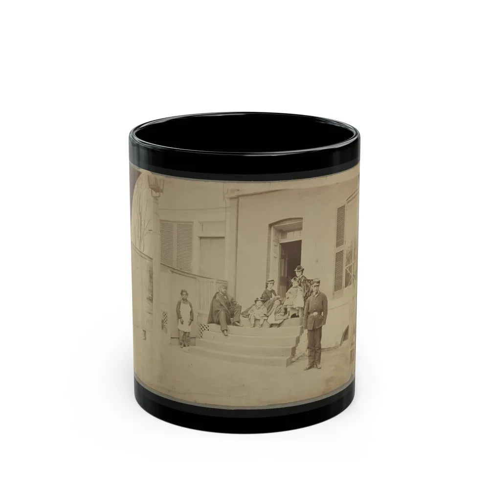 Two Unidentified Soldiers And Others At The Front Steps Of A House (U.S. Civil War) Black Coffee Mug-11oz-Go Mug Yourself