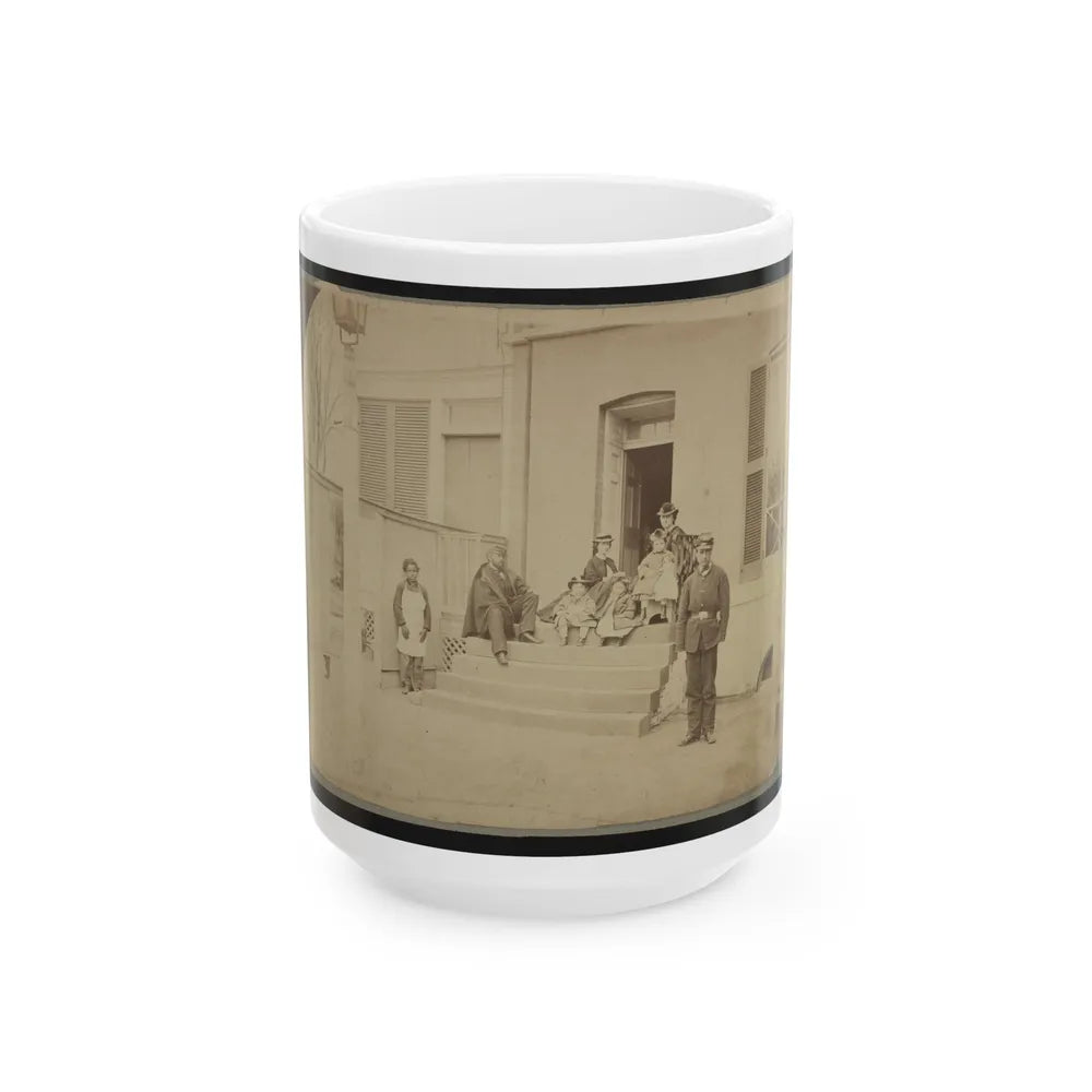 Two Unidentified Soldiers And Others At The Front Steps Of A House (U.S. Civil War) White Coffee Mug-15oz-Go Mug Yourself