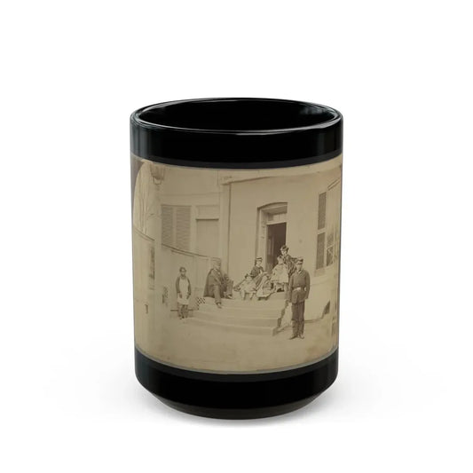 Two Unidentified Soldiers And Others At The Front Steps Of A House (U.S. Civil War) Black Coffee Mug 15oz - Go Mug Yourself