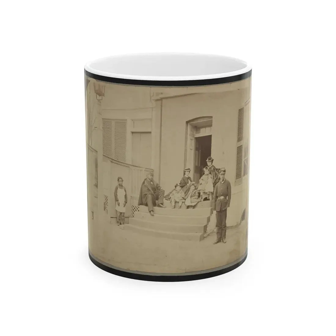 Two Unidentified Soldiers And Others At The Front Steps Of A House (U.S. Civil War) White Coffee Mug 11oz - Go Mug Yourself