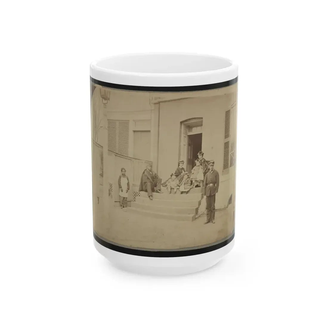 Two Unidentified Soldiers And Others At The Front Steps Of A House (U.S. Civil War) White Coffee Mug 15oz - Go Mug Yourself