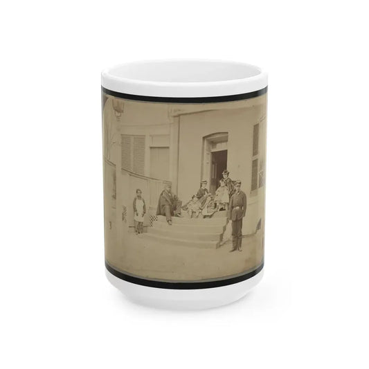 Two Unidentified Soldiers And Others At The Front Steps Of A House (U.S. Civil War) White Coffee Mug 15oz - Go Mug Yourself