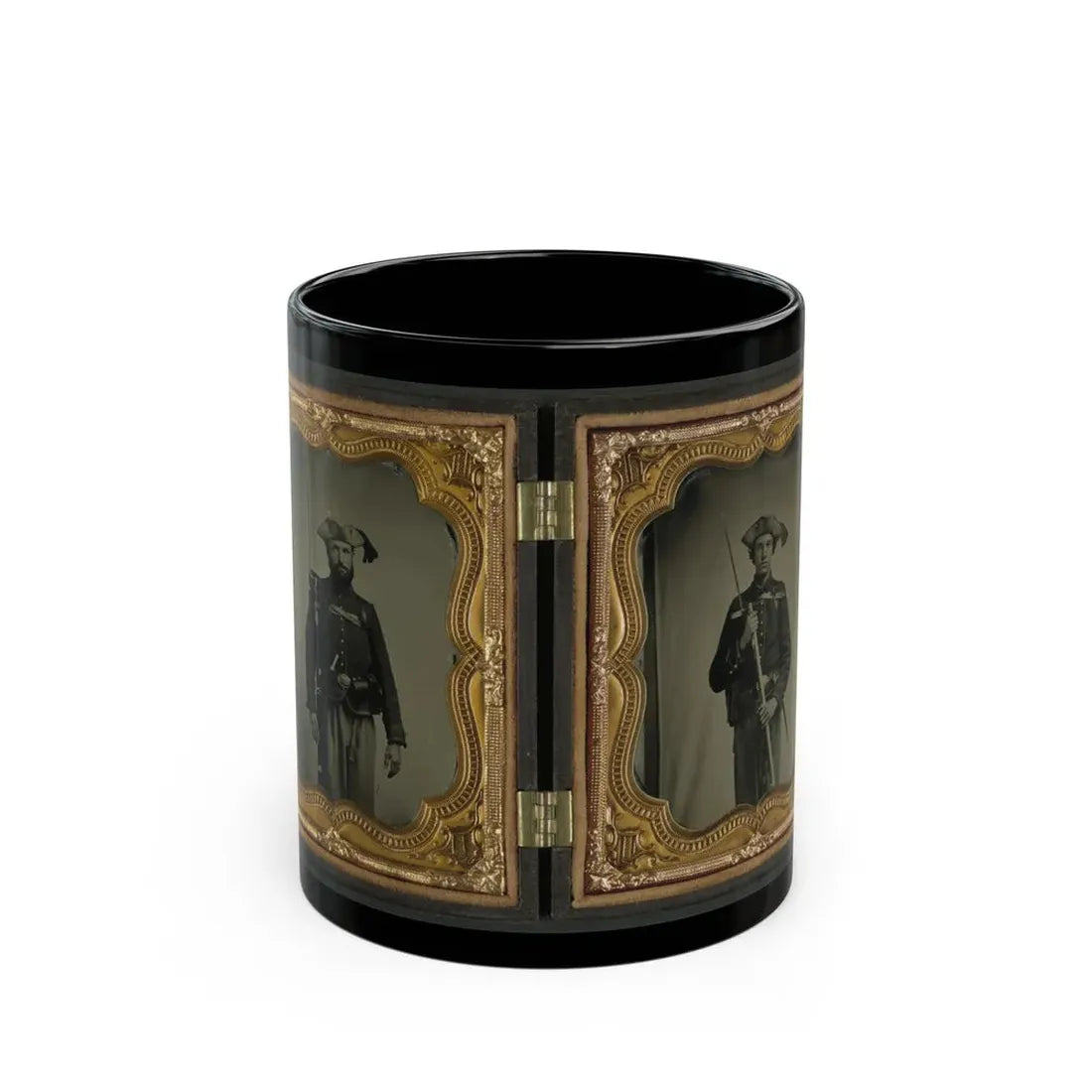 Two Unidentified Soldiers In 34th Ohio Infantry Regiment Uniforms With Bayoneted Muskets (U.S. Civil War) Black Coffee Mug 11oz - Go Mug Yourself