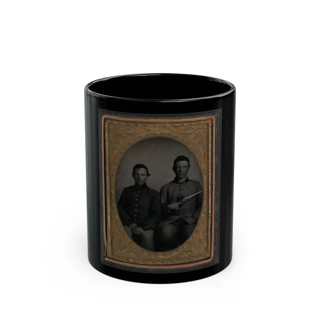 Two Unidentified Soldiers In Confederate Uniforms, One With Flintlock Pistol (U.S. Civil War) Black Coffee Mug 11oz - Go Mug Yourself