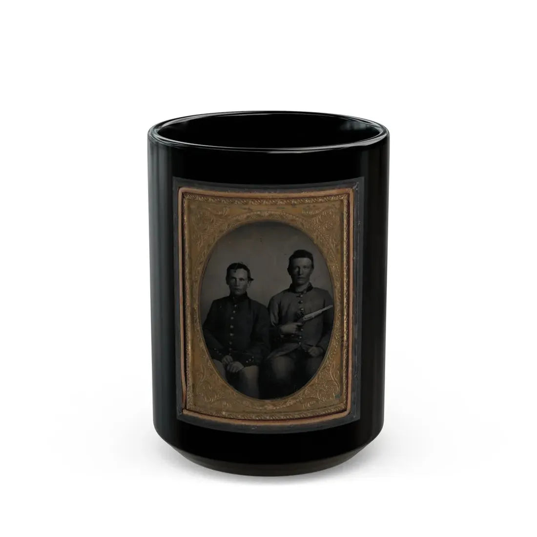 Two Unidentified Soldiers In Confederate Uniforms, One With Flintlock Pistol (U.S. Civil War) Black Coffee Mug 15oz - Go Mug Yourself