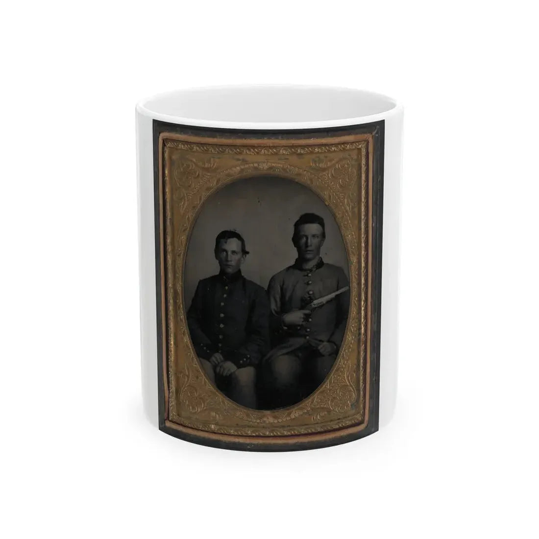 Two Unidentified Soldiers In Confederate Uniforms, One With Flintlock Pistol (U.S. Civil War) White Coffee Mug 11oz - Go Mug Yourself