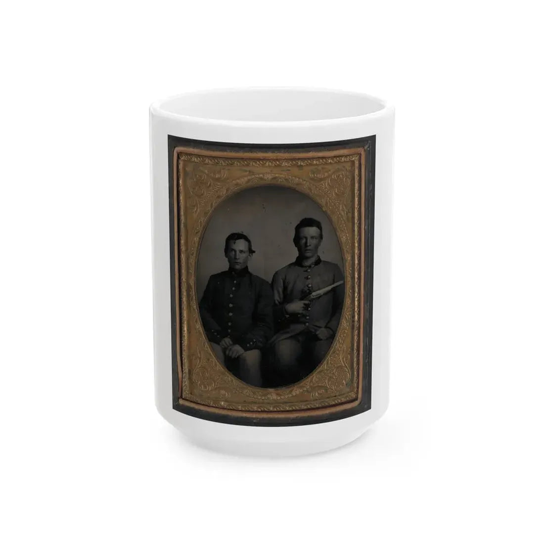 Two Unidentified Soldiers In Confederate Uniforms, One With Flintlock Pistol (U.S. Civil War) White Coffee Mug 15oz - Go Mug Yourself