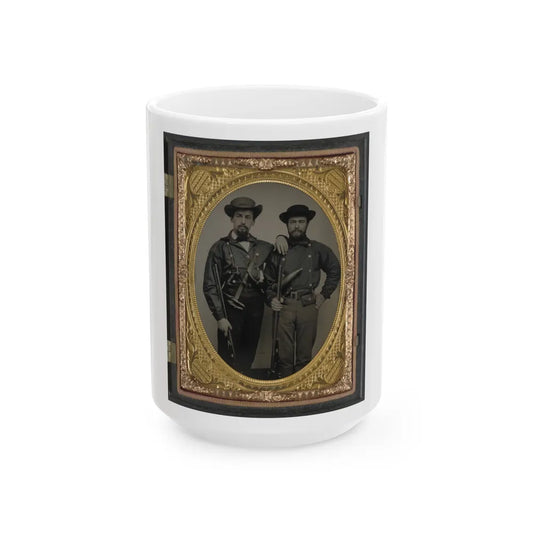 Two Unidentified Soldiers In Mississippi Battle Shirts With Double Barrel Shotguns, Knives, And Powder Horns (U.S. Civil War) White Coffee Mug-15oz-Go Mug Yourself