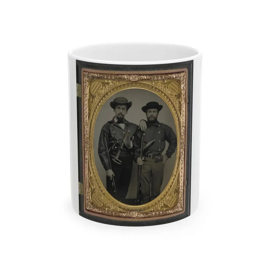 Two Unidentified Soldiers In Mississippi Battle Shirts With Double Barrel Shotguns, Knives, And Powder Horns (U.S. Civil War) White Coffee Mug 11oz - Go Mug Yourself