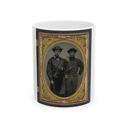 Two Unidentified Soldiers In Mississippi Battle Shirts With Double Barrel Shotguns, Knives, And Powder Horns (U.S. Civil War) White Coffee Mug 11oz - Go Mug Yourself