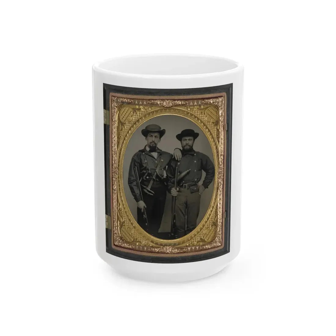 Two Unidentified Soldiers In Mississippi Battle Shirts With Double Barrel Shotguns, Knives, And Powder Horns (U.S. Civil War) White Coffee Mug 15oz - Go Mug Yourself