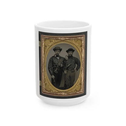 Two Unidentified Soldiers In Mississippi Battle Shirts With Double Barrel Shotguns, Knives, And Powder Horns (U.S. Civil War) White Coffee Mug 15oz - Go Mug Yourself