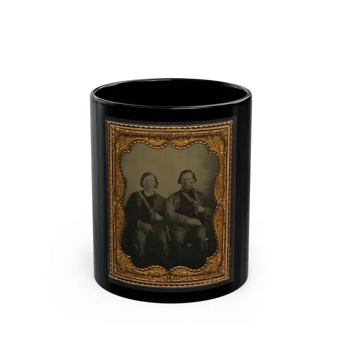 Two Unidentified Soldiers In Non-Regulation Confederate Uniforms With Single Shot Pistol And Colt Army Model 1860 Revolver (U.S. Civil War) Black Coffee Mug 11oz - Go Mug Yourself