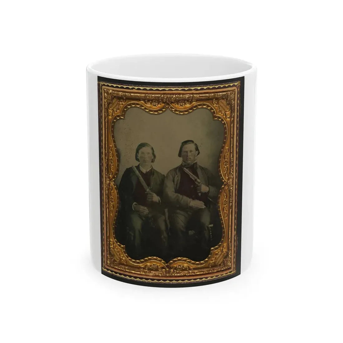 Two Unidentified Soldiers In Non-Regulation Confederate Uniforms With Single Shot Pistol And Colt Army Model 1860 Revolver (U.S. Civil War) White Coffee Mug 11oz - Go Mug Yourself