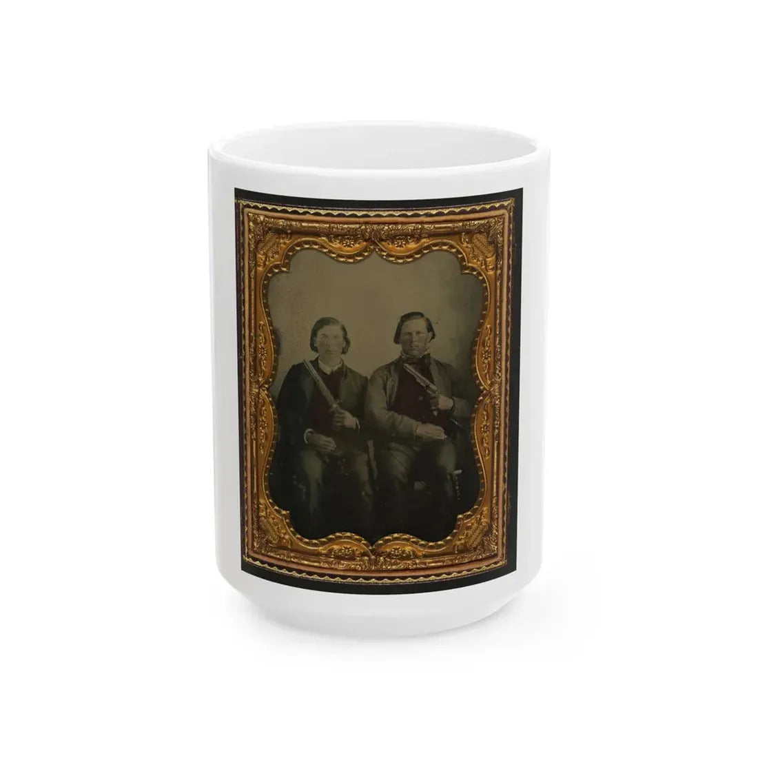 Two Unidentified Soldiers In Non-Regulation Confederate Uniforms With Single Shot Pistol And Colt Army Model 1860 Revolver (U.S. Civil War) White Coffee Mug 15oz - Go Mug Yourself