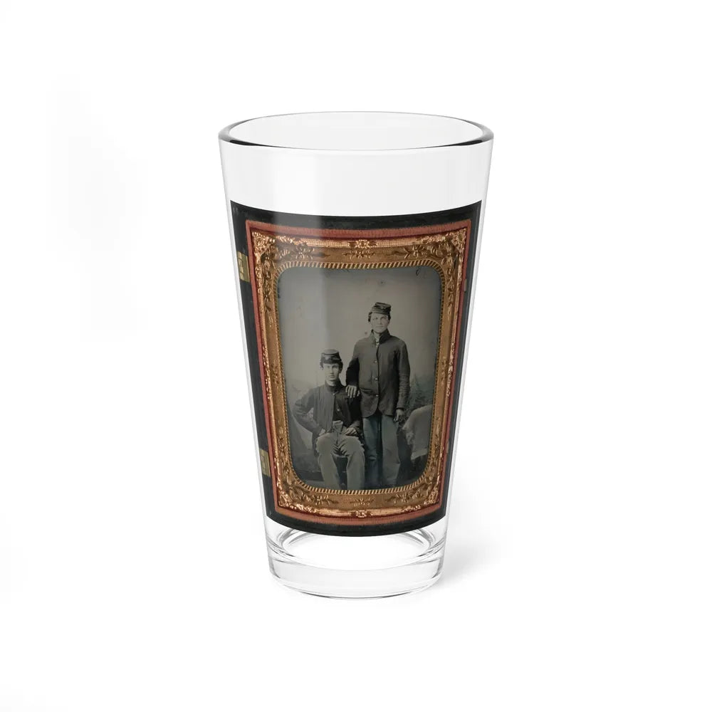 Two Unidentified Soldiers In Union Sack Coats In Front Of Painted Backdrop Showing Tent And Pine Trees (U.S. Civil War) Pint Glass 16oz-16oz-Go Mug Yourself