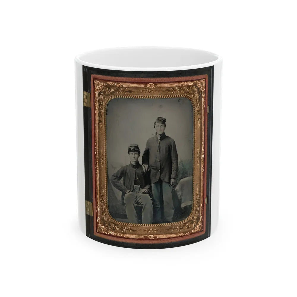 Two Unidentified Soldiers In Union Sack Coats In Front Of Painted Backdrop Showing Tent And Pine Trees (U.S. Civil War) White Coffee Mug-11oz-Go Mug Yourself