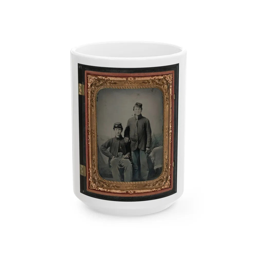 Two Unidentified Soldiers In Union Sack Coats In Front Of Painted Backdrop Showing Tent And Pine Trees (U.S. Civil War) White Coffee Mug-15oz-Go Mug Yourself