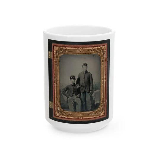 Two Unidentified Soldiers In Union Sack Coats In Front Of Painted Backdrop Showing Tent And Pine Trees (U.S. Civil War) White Coffee Mug-15oz-Go Mug Yourself