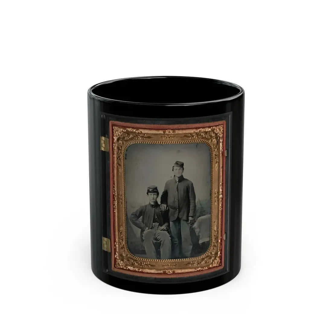 Two Unidentified Soldiers In Union Sack Coats In Front Of Painted Backdrop Showing Tent And Pine Trees (U.S. Civil War) Black Coffee Mug 11oz - Go Mug Yourself