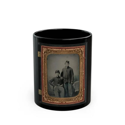 Two Unidentified Soldiers In Union Sack Coats In Front Of Painted Backdrop Showing Tent And Pine Trees (U.S. Civil War) Black Coffee Mug 11oz - Go Mug Yourself
