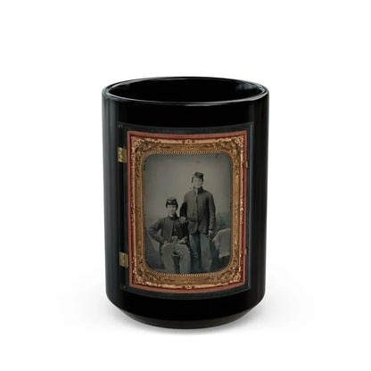 Two Unidentified Soldiers In Union Sack Coats In Front Of Painted Backdrop Showing Tent And Pine Trees (U.S. Civil War) Black Coffee Mug 15oz - Go Mug Yourself