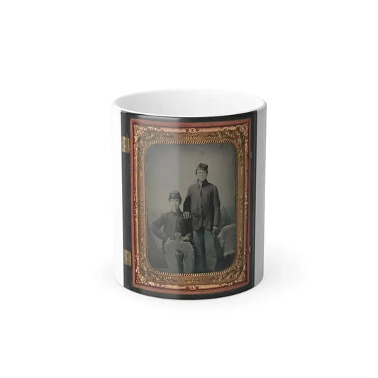 Two Unidentified Soldiers in Union Sack Coats in Front of Painted Backdrop Showing Tent and Pine Trees (U.S. Civil War) Color Changing Coffee Mug 11oz Default Title 11oz - Go Mug Yourself