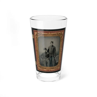 Two Unidentified Soldiers In Union Sack Coats In Front Of Painted Backdrop Showing Tent And Pine Trees (U.S. Civil War) Pint Glass 16oz 16oz - Go Mug Yourself