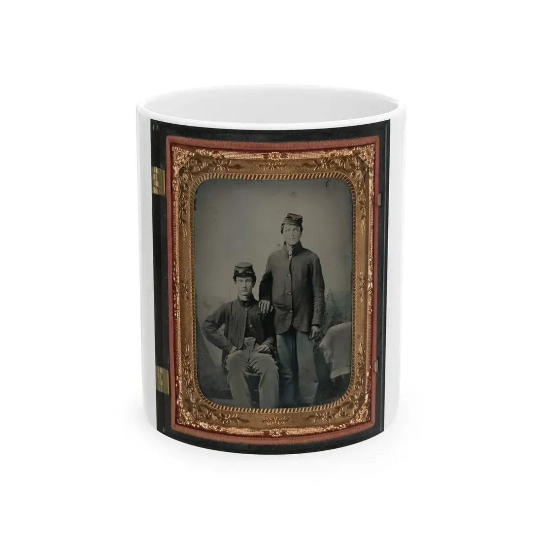 Two Unidentified Soldiers In Union Sack Coats In Front Of Painted Backdrop Showing Tent And Pine Trees (U.S. Civil War) White Coffee Mug 11oz - Go Mug Yourself