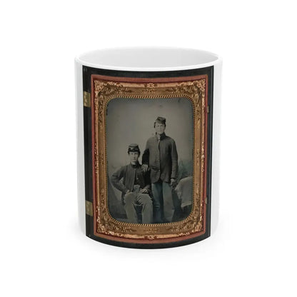 Two Unidentified Soldiers In Union Sack Coats In Front Of Painted Backdrop Showing Tent And Pine Trees (U.S. Civil War) White Coffee Mug 11oz - Go Mug Yourself