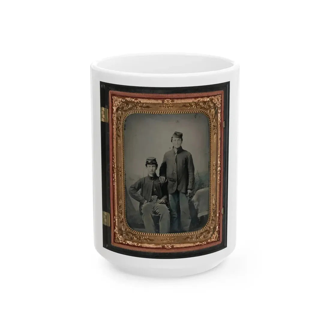 Two Unidentified Soldiers In Union Sack Coats In Front Of Painted Backdrop Showing Tent And Pine Trees (U.S. Civil War) White Coffee Mug 15oz - Go Mug Yourself