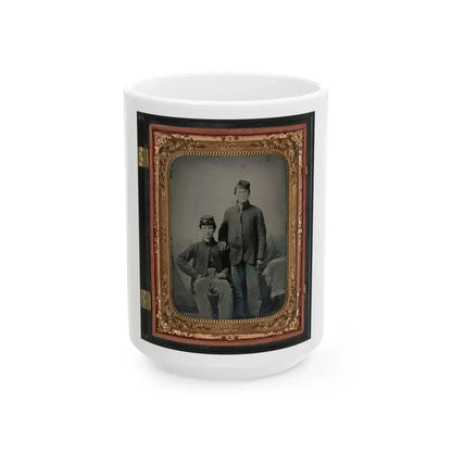 Two Unidentified Soldiers In Union Sack Coats In Front Of Painted Backdrop Showing Tent And Pine Trees (U.S. Civil War) White Coffee Mug 15oz - Go Mug Yourself