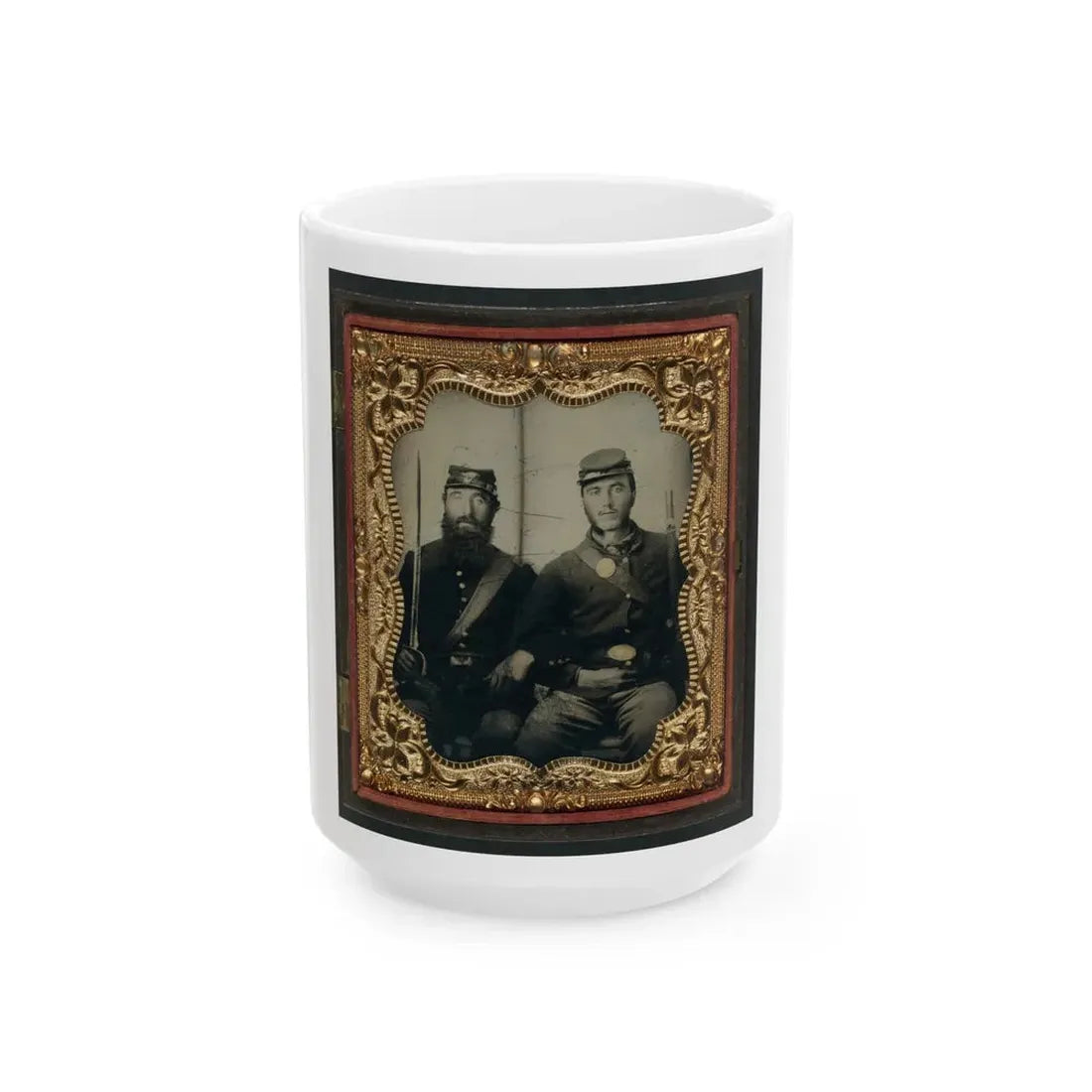 Two Unidentified Soldiers In Union Uniforms And Forage Caps With Saber And Musket (U.S. Civil War) White Coffee Mug 15oz - Go Mug Yourself